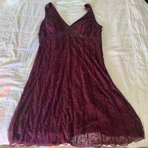 Vintage Pisarro Nights Women's 100% Silk Burgundy Deep V Sequined Beaded Dress